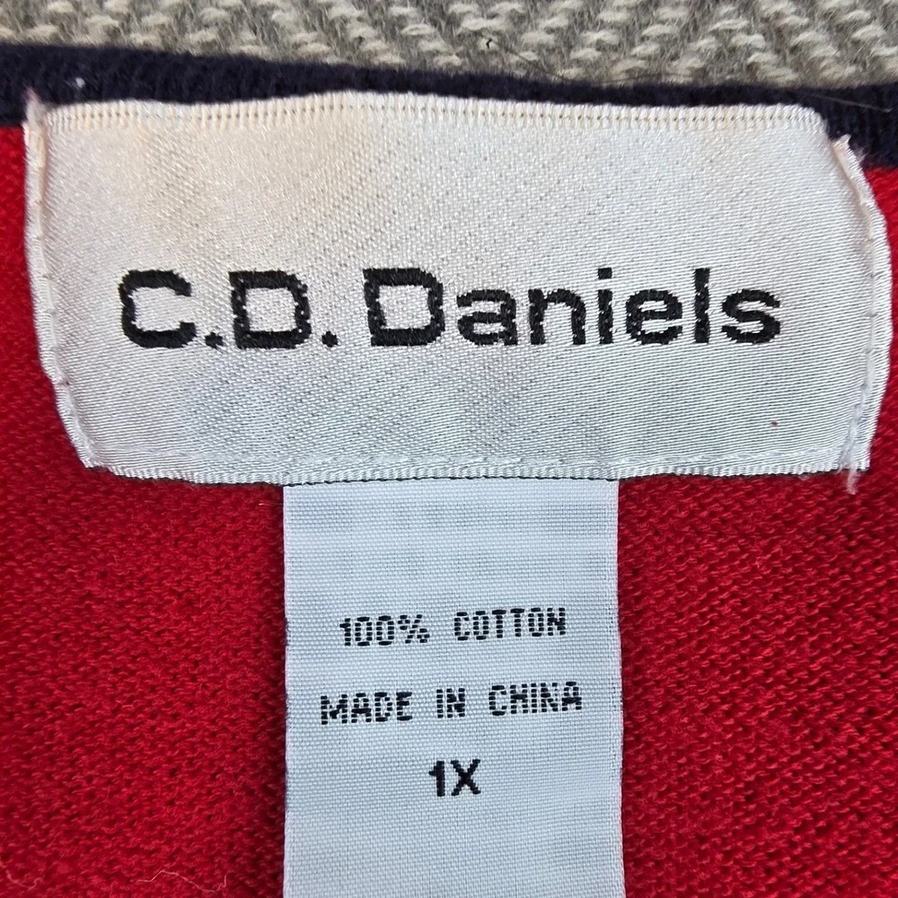 C.D. Daniels Red Cotton Knit Embroidered Swirl 3/4 Sleeve Sweater 1X